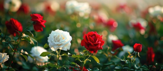 Red And White Roses In Agricultural Field