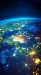 Obraz premium Illuminated Global Network: A night-time satellite view of Earth showcasing brightly glowing major cities, connected by delicate digital lines that represent the ever-active global digital network
