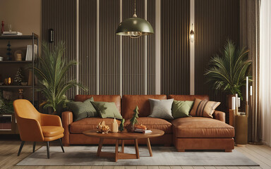 Modern living room with brown leather sofa and green plants  cozy and inviting   
