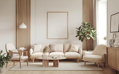 Beige couch and wooden furniture in a minimalist living room  perfect for interior design and home decor projects   