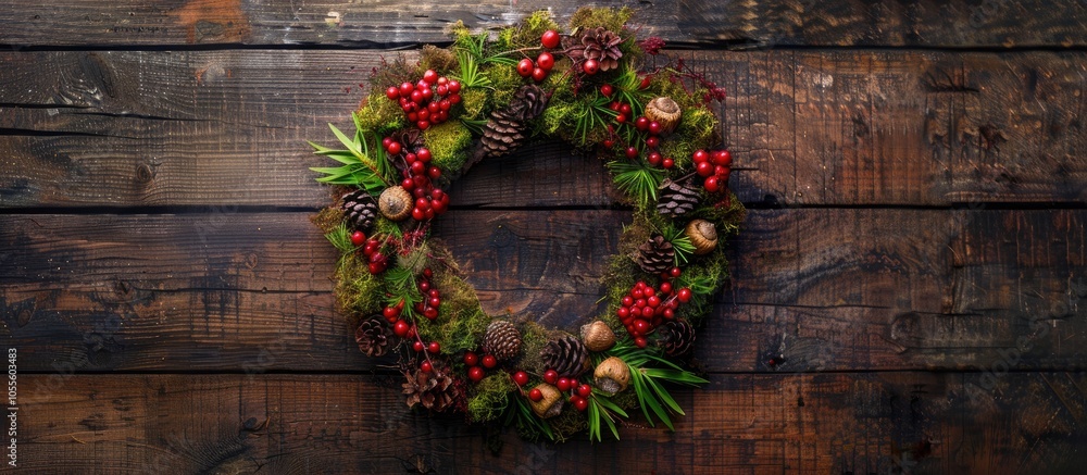 Poster capture the essence of fall with a rustic wreath featuring moss acorns red berries on wooden backgro