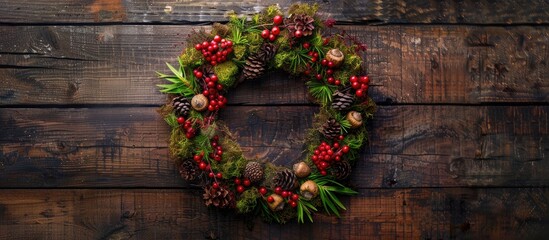Capture the essence of fall with a rustic wreath featuring moss acorns red berries on wooden background Copy space image