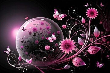 Flower plant, butterflies, sphere plant, pattern, swirl, black, pink, panoramic