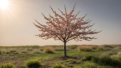 Obraz premium Blossom Tree in Glowing Field at Sunset