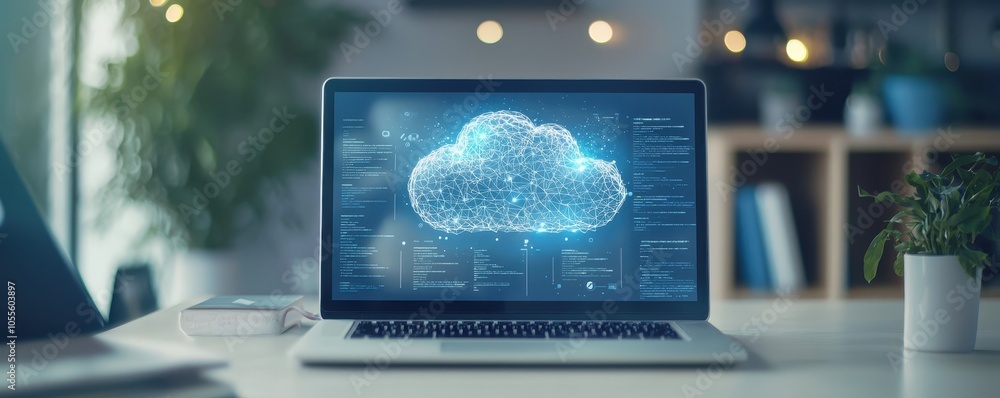 Poster modern laptop displaying a digital cloud, representing data storage and technology innovation in a c