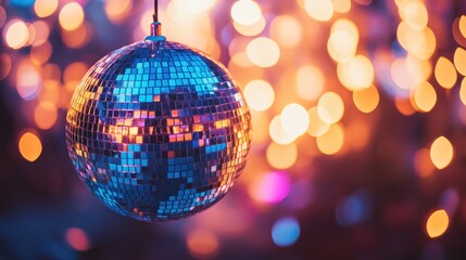 Retro nostalgia concept featuring a disco ball with selective focus and ample copy space in the background
