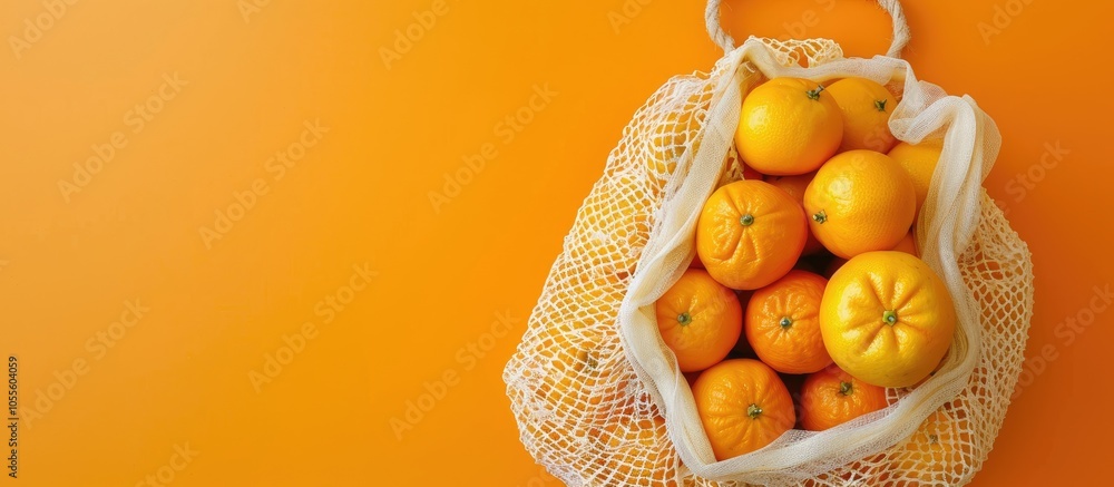 Poster zero waste shopping concept displayed with a top down view of tangerines in a mesh shopping bag agai