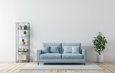 Minimalist living room with a blue sofa. a bookshelf. a plant and a rug