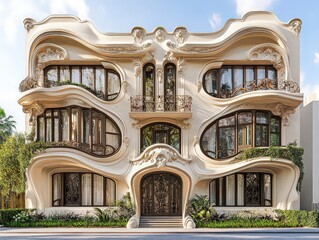  Art Nouveau facade adorned with flowing floral motifs and vine patterns, curving around windows and doorways to create nature-inspired elegance.