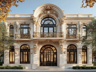 Fototapeta premium Baroque-inspired facade adorned with ornate plasterwork and floral reliefs, framing tall arched windows with golden accents, adding regal elegance to stone structure.