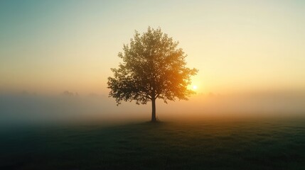 Tree at sunrise on a foggy morning in a rural setting