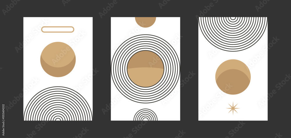 Poster abstract minimalist wall art triptych. abstrarct planet with moon. pastel color geometric shapes, ci