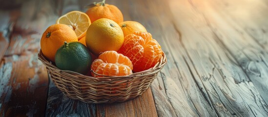 Naklejka premium Colorful fresh oranges in a basket on an old wooden floor are both visually appealing and tasty whether eaten as is or juiced for a refreshing drink a delightful copy space image