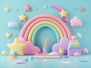 A charming logo featuring books, pencils, and stars in soft pastel colors with a rainbow backdrop, evoking warmth and curiosity. Perfect for kids' education brands, schools, and learning apps.