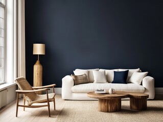 Navy-colored walls, light furniture, and natural wooden accents in a minimalist living room