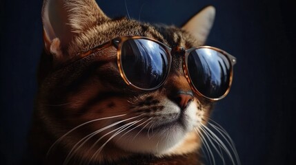 Naklejka premium Close up portrait of a Bengal cat wearing sunglasses in a studio setting