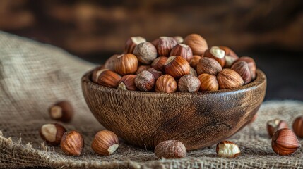 Closeup Of Hazelnuts In A Wooden Rustic Bowl