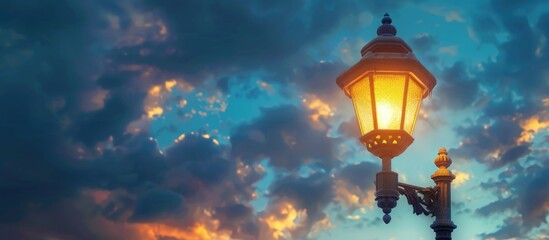 Elegant vintage street lamp illuminated against the evening sky with room for a copy space image