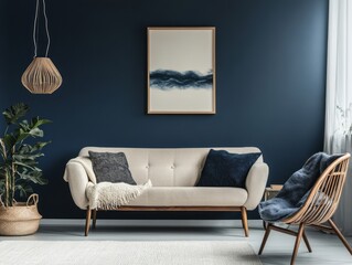 Navy-colored walls, light furniture, and natural wooden accents in a minimalist living room, offering a warm and sophisticated winter space