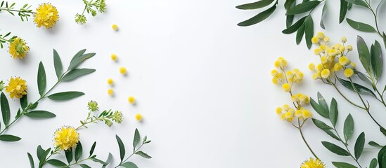 Top view of Acacia flowers and leaves on a white background suitable for a postcard with space for text ideal for a copy space image