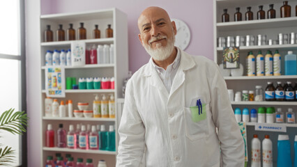 Handsome grey-haired man with beard wearing a white coat standing in a pharmacy store with shelves of colorful products