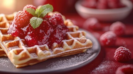 Waffles topped with raspberry and mint on a deep red backdrop Close up view showcasing delicious jam AI generated image