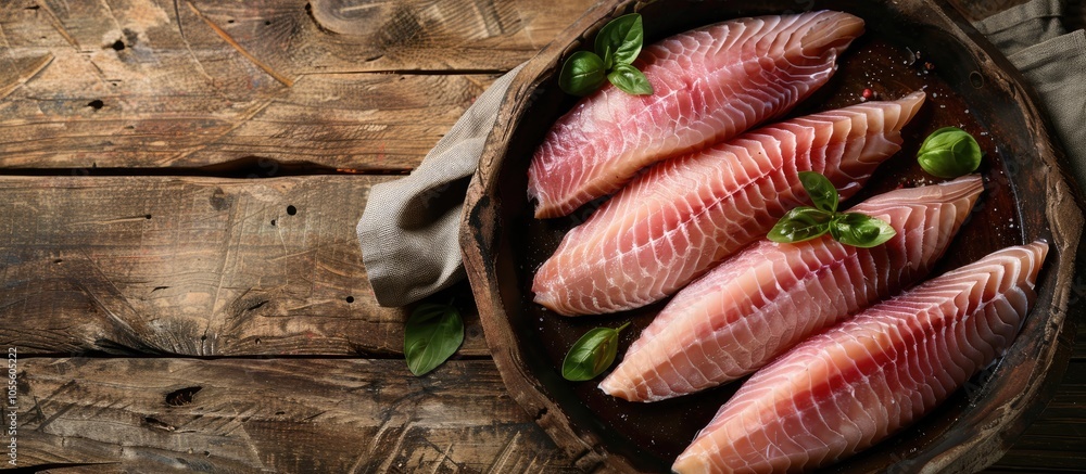 Poster fresh tilapia fish fillet a perfect seafood appetizer displayed on a rustic table with a copy space 