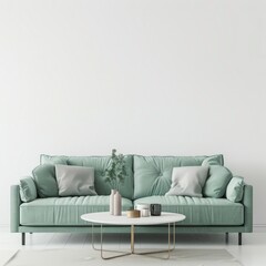 A modern living room with a mint green sofa. two white pillows. a round coffee table with a vase of eucalyptus. a white rug. and a white wall