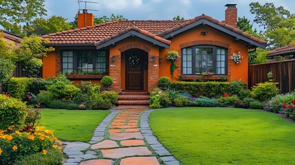Fototapeta premium Cozy single-storey house with large windows warm decor and a front yard filled with plants flowers and garden paths