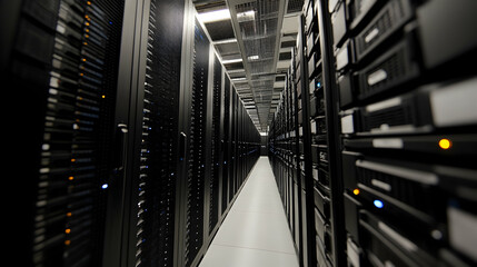 Servers in a data center with depth of field, illustrating big data and cloud computing technology   -