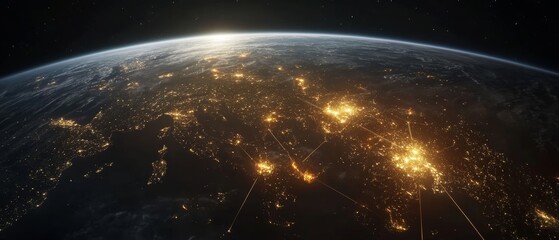 Obraz premium Illuminated Global Network: A night-time satellite view of Earth showcasing brightly glowing major cities, connected by delicate digital lines that represent the ever-active global digital network