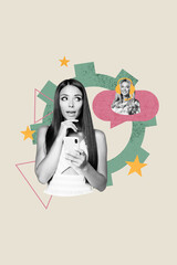 Composite trend artwork sketch collage of copyspace young woman operator support call hold smartphone speech cloud cogwheel worker