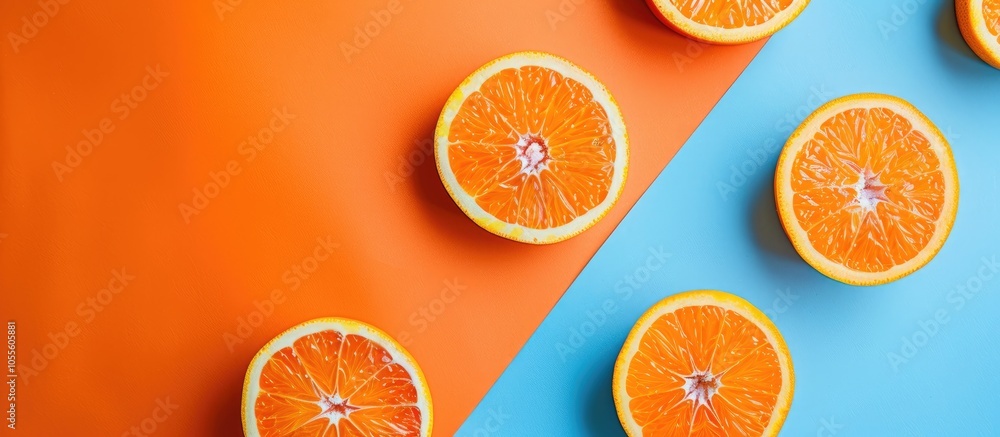 Poster creative summer concept featuring fresh orange slices displayed on a colored background in a top vie