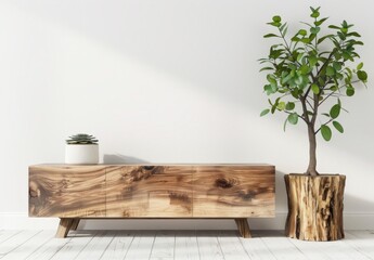 Minimalist living room interior with wooden cabinet. potted plant and white wall
