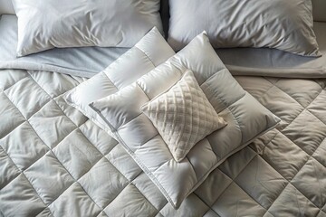Fluffy white pillow on neatly made bed with soft grey linen and quilt