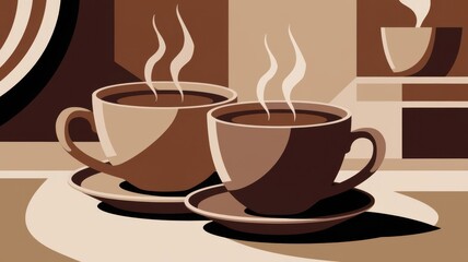 Fototapeta premium Stylish illustration of two steaming coffee cups on saucers in a cozy setting