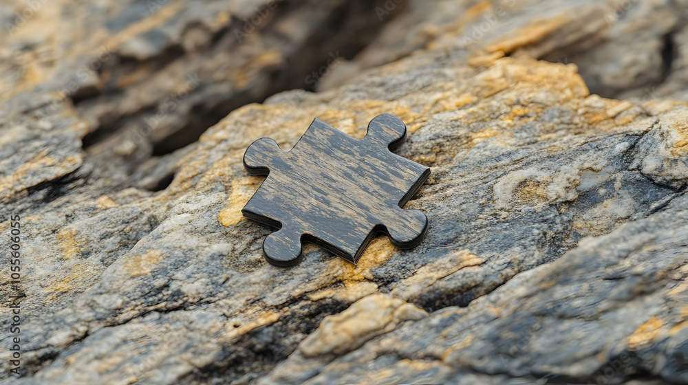 Poster single puzzle piece resting on a rocky surface in nature, symbolizing the missing part of a larger p