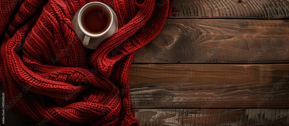 Poster top down view of the scene with a red knitted scarf a cup of tea and a wooden table providing space 