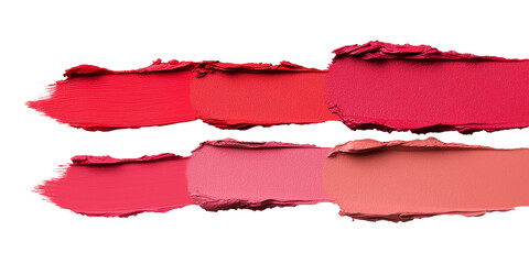 Vibrant shades of red and pink lipstick swatches on black background, showcasing variety of textures and finishes. Perfect for beauty and makeup themes