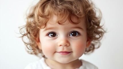 Naklejka premium Adorable baby with big brown eyes, soft curly hair, and gentle smile, looking curious, isolated on white