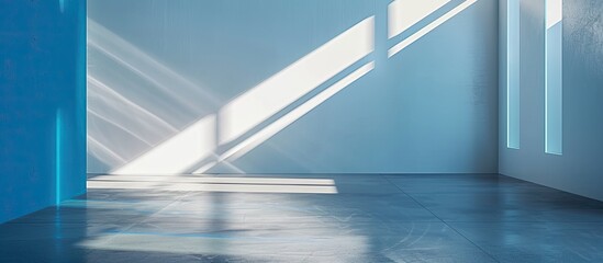 Obraz premium This image showcases light and shadow play on a white and blue wall with LED lines illuminating the scene creating a mockup with a copy space for text