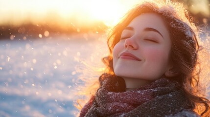 Backlit portrait of a serene woman with closed eyes embracing a joyful moment in a snowy field during sunset