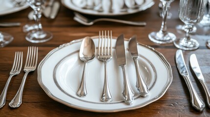 Set of silver utensils including forks spoons and knives arranged on dinner plates
