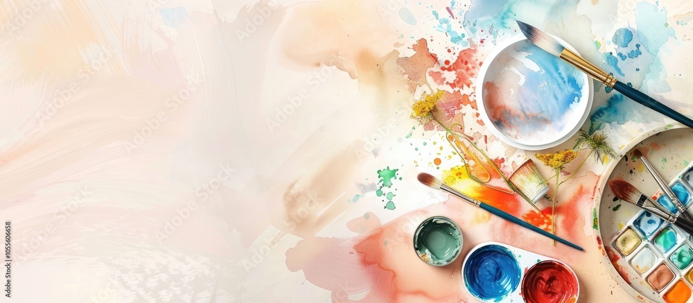 Poster beige background adorned with a variety of watercolor paints a paint palette and various stationery 