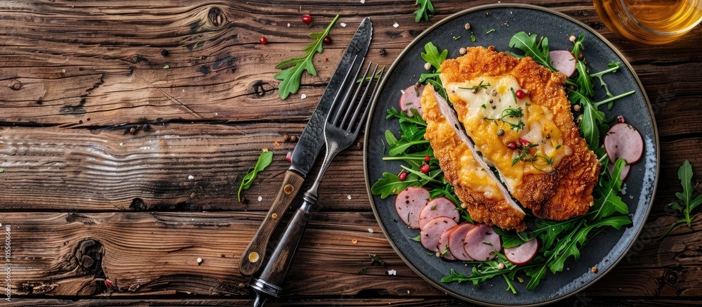 Poster rustic top view table setting with a delicious chicken cordon bleu cutlet showcasing a fresh meal co