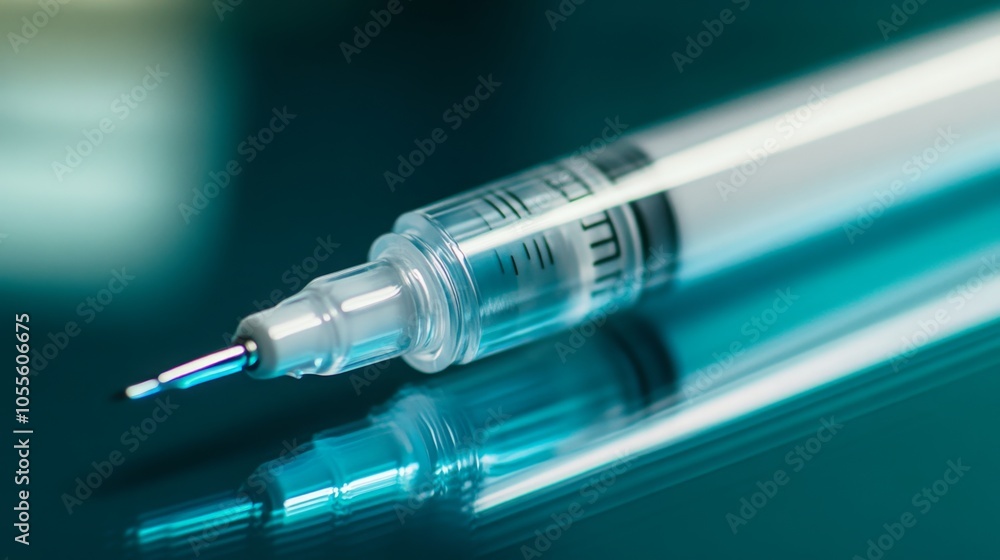 Poster a clear medical syringe with a needle rests on a shiny surface, showcasing its precision and design 