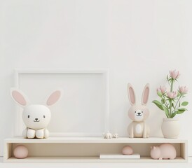 A white shelf with two bunny figurines. a potted plant. and a blank frame against a white wall