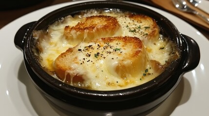 French onion soup with melted cheese and toasted bread.