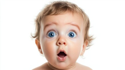 Adorable baby with surprised expression, big blue eyes, and round cheeks, looking curious, isolated on white