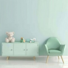A light green armchair and a cabinet with a teddy bear on top sit in a nursery
